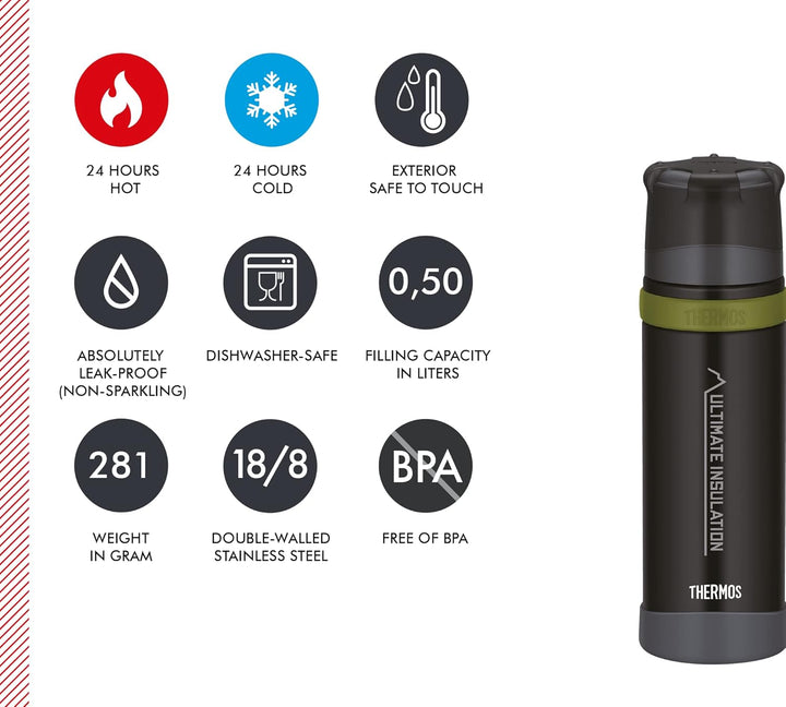 Thermos Mountain Beverage Bottle 0,50l, Black, Thermosflasche Edelstahl mit Trinkbecher, 24 h heiss