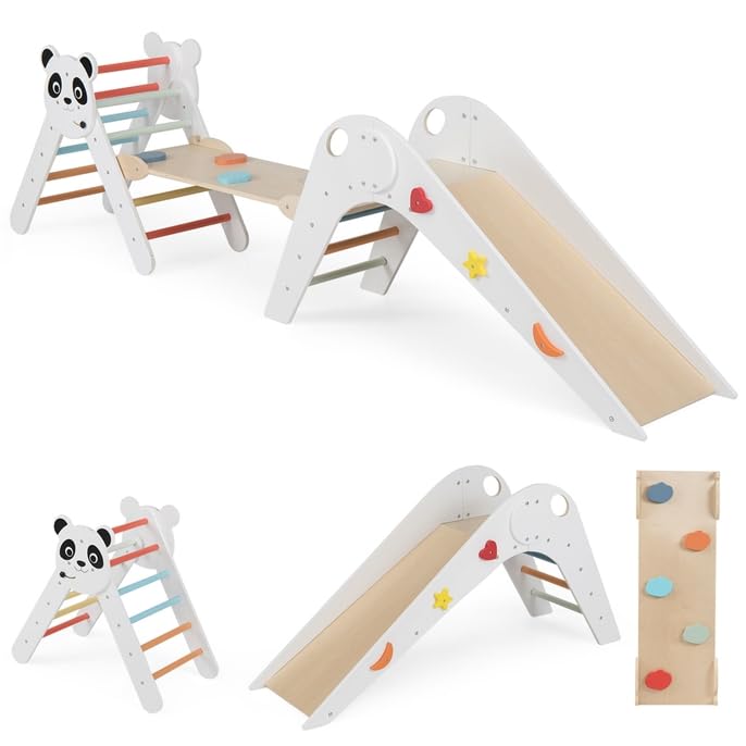 COSTWAY Kletterdreiecke Indoor 3er Set, klappabres Kletterdreieck mit Rutsche, Rampe, Kletterleiter,