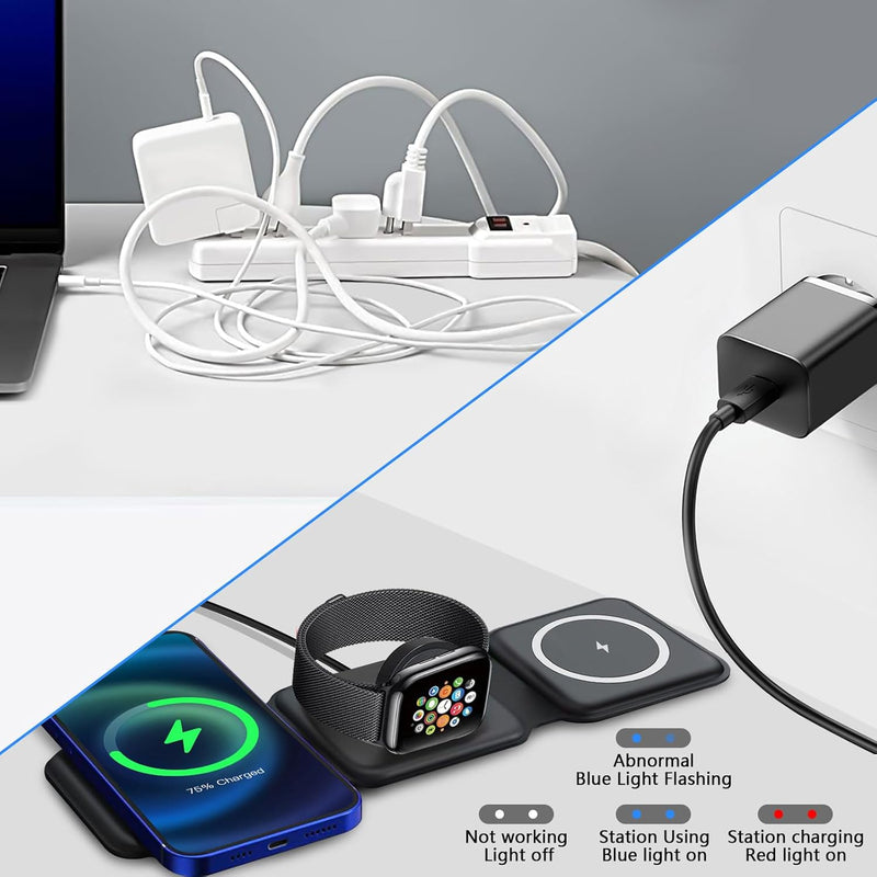 Qoosea Wireless Charger 3-in-1 Induktive Ladestation Ladegerät mit Faltbarer 15-W-LadestäNder, für 1