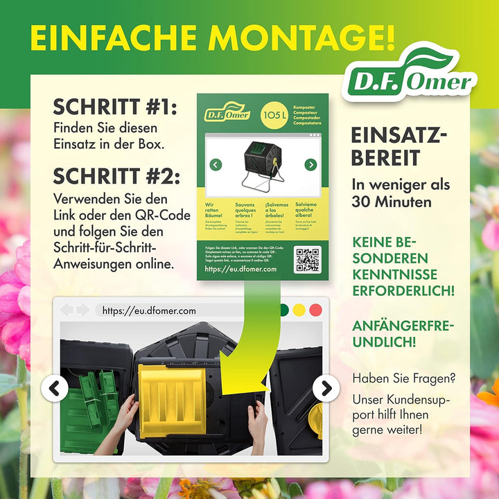 DF OMER Einkammer-Trommelkomposter für den Aussenbereich, Grosses Volumen, Kompaktes Design, 105 Lit