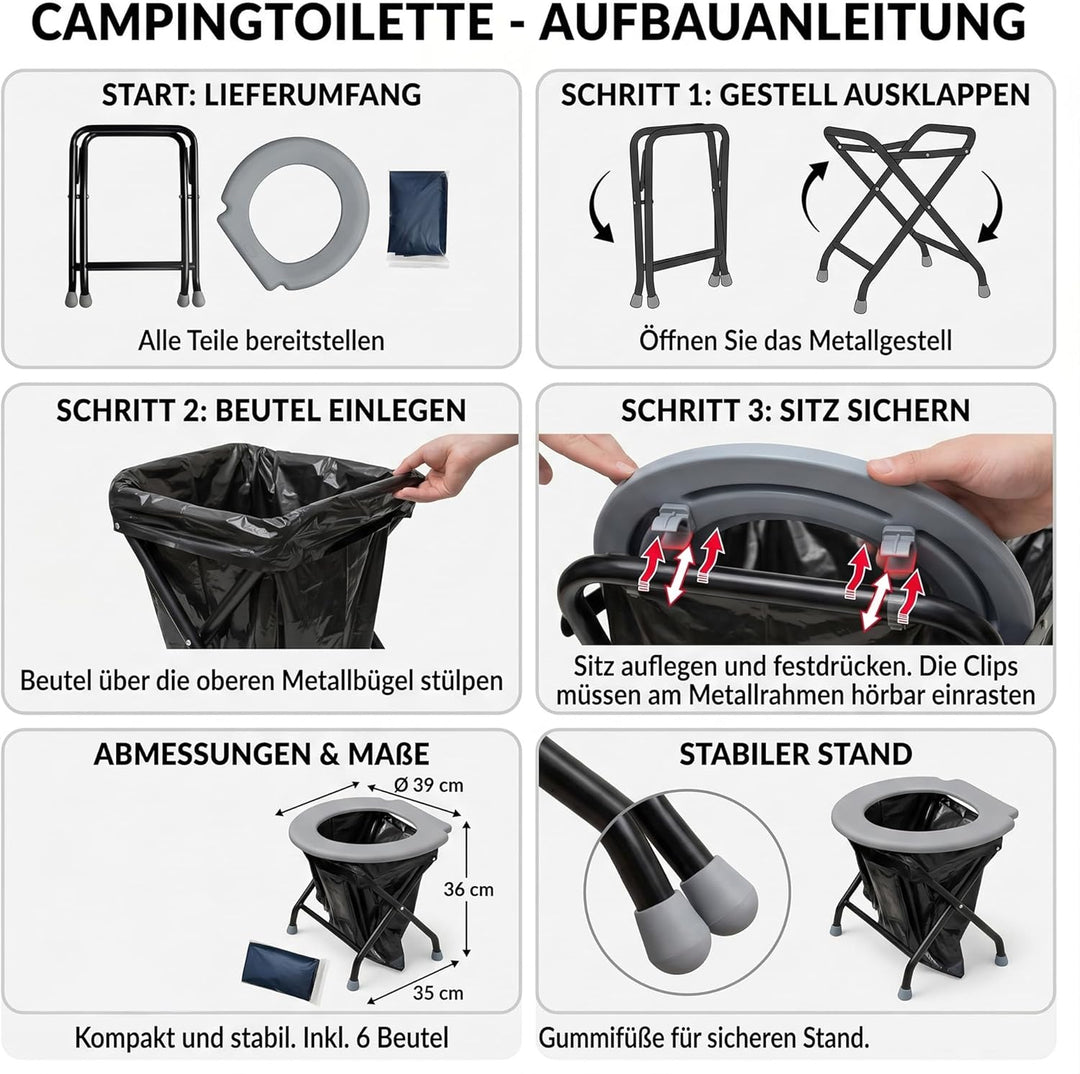 YACHTICON Mobile Klapptoilette – Faltbare Campingtoilette &amp; Trockentoilette mit 6 Beuteln – kompakte
