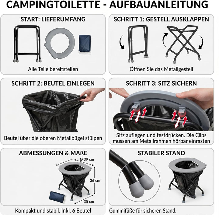 YACHTICON Mobile Klapptoilette – Faltbare Campingtoilette &amp; Trockentoilette mit 6 Beuteln – kompakte