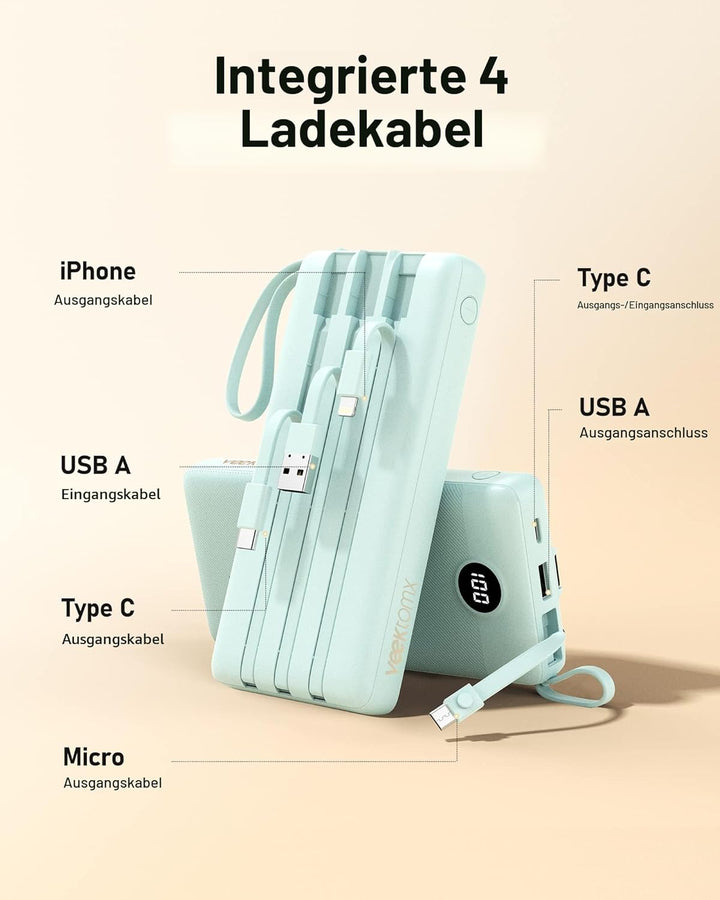 VEEKTOMX Powerbank 20000mAh Power Bank mit integrierten Kabeln USB C Externe Handyakkus mit 5 Ausgän