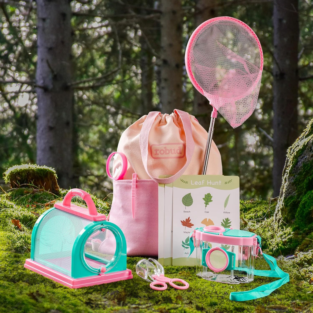ROBUD Kids Outdoor Explorer Kit, Käferfang-Abenteuer-Sets mit Schmetterlingsnetzen, Lupen, Käferbehä