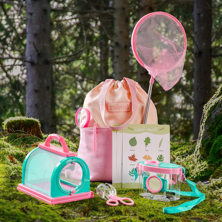 ROBUD Kids Outdoor Explorer Kit, Käferfang-Abenteuer-Sets mit Schmetterlingsnetzen, Lupen, Käferbehä