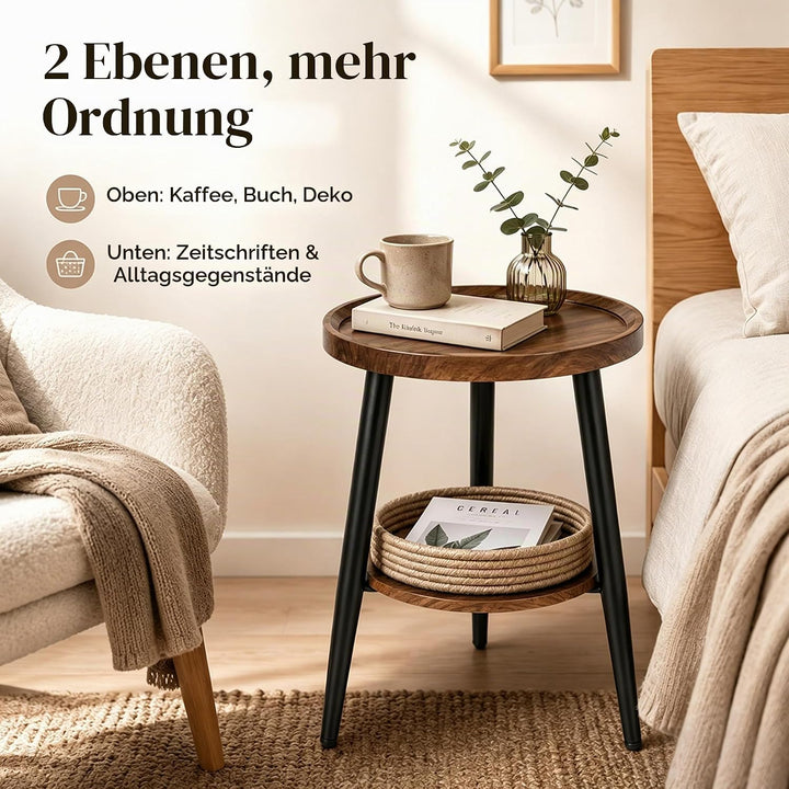 Beistelltisch Rund, Couchtisch Klein mit 2 Ablagen, Kleiner Runder Tisch Einfach zu Montieren (H48X