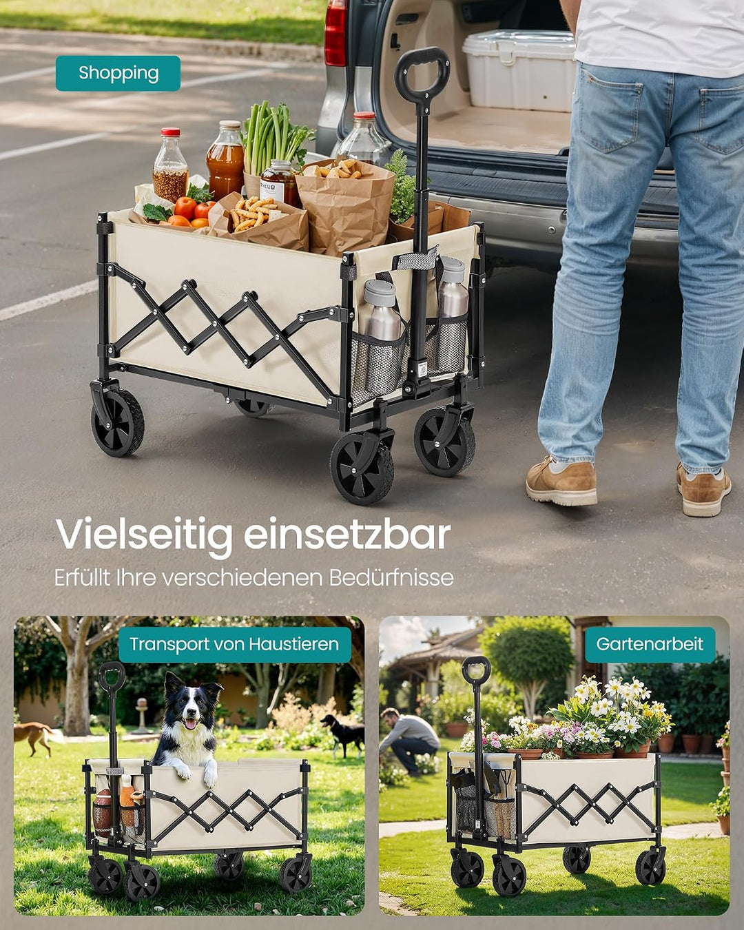 SONGMICS Kleiner Handwagen faltbar, Gartenwagen, kompakt, mit Griff | Mit 4 verstärkten Rollen, davo