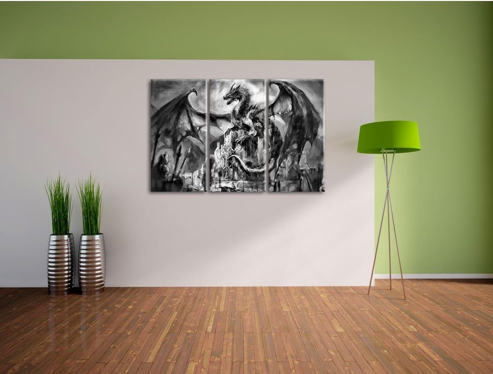 Pixxprint Drache schützend über Burg als Leinwandbild | Grösse: 3 Teilig (120x80) | Wandbild| Kunstd