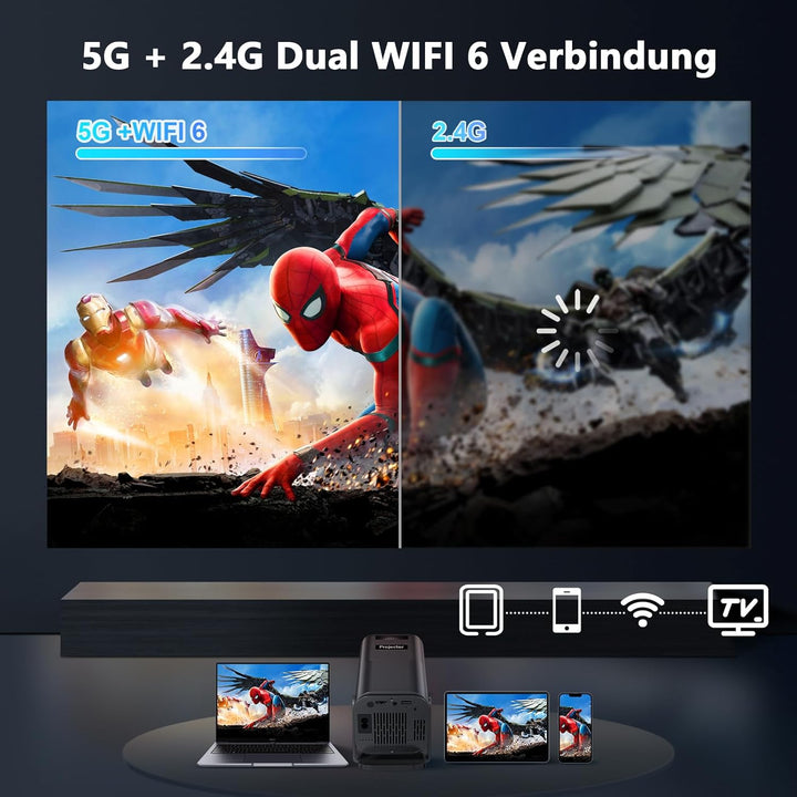 Beamer Mini Projektor mit Android 13 WiFi 6 Bluetooth 5.2 Mini Beamer 4K 1080P Unterstützung Automat