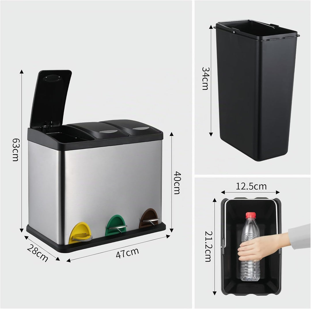 LIFERUN Mülleimer 3 Fächer, 3x 8L Mülltrennsystem, 24 Liter Abfalleimer Küche, Kleiner Treteimer aus