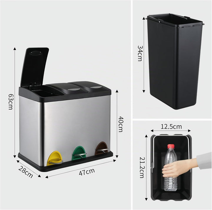 LIFERUN Mülleimer 3 Fächer, 3x 8L Mülltrennsystem, 24 Liter Abfalleimer Küche, Kleiner Treteimer aus
