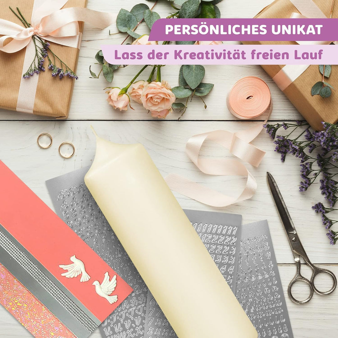 WikaKerzen Taufkerze selber Machen Set mit Kerzen-Rohling Buchstaben und Wachsplatten mit Wachsmotiv