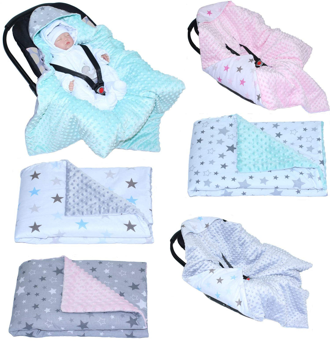 Baby Einschlagdecke MINKY - STAR - mit Kapuze 90x90 cm Babyschale Decke (Star ROSA + ROSA), Star Ros