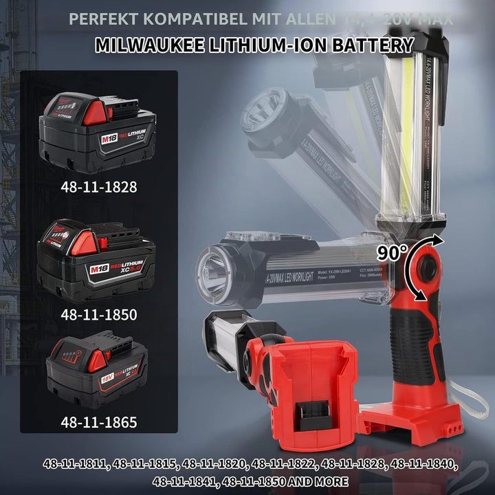 25W 2000LM LED Lampe für Milwaukee M18 Akku, 18V Akku Lampe für Camping, Autoreparatur, Not- und Bau