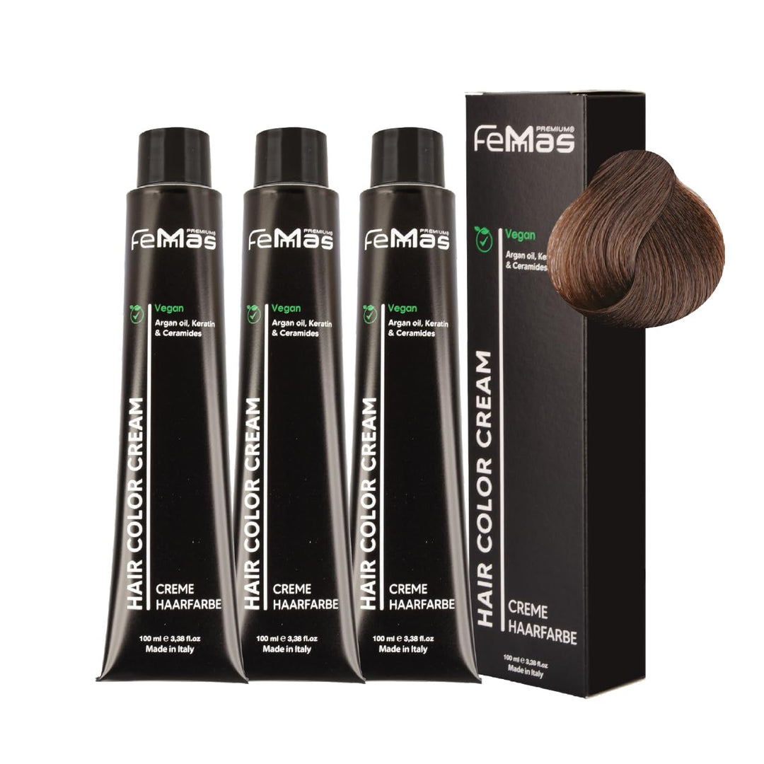 FemMas Haarfarbe 3x Dunkelblond Amber Schokolade 6.89 I Creme Haarfarbe mit Arganöl, Keratin & Ceram