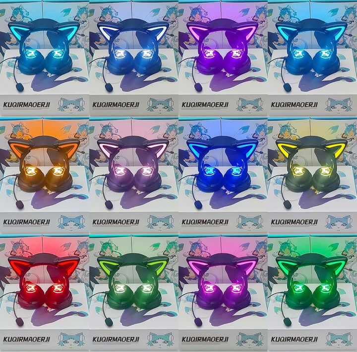 KUQIRMAOERJI Miko-J Kabellose Katzenohr-Kopfhörer (12 Farbwechsel) mit ansteckbaren HD-Mikrofon,Mikr