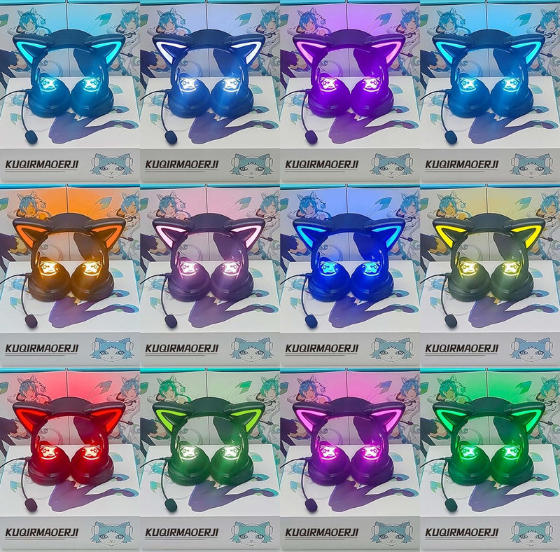 KUQIRMAOERJI Miko-J Kabellose Katzenohr-Kopfhörer (12 Farbwechsel) mit ansteckbaren HD-Mikrofon,Mikr
