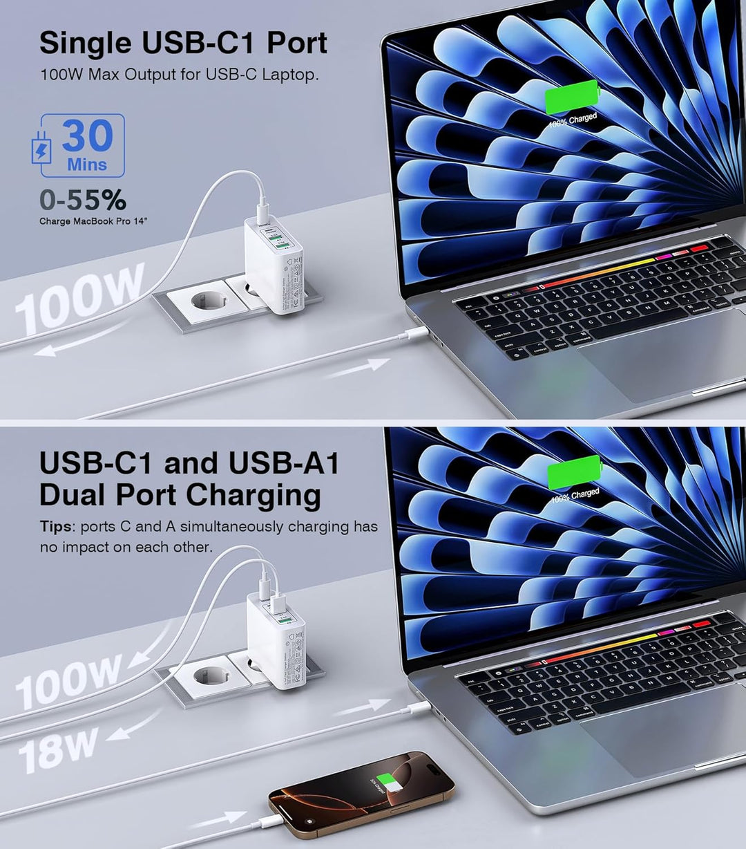 100W 6-Port Adapter Mehrfach Ladegerät mit USB-C und USB-A, Schnellladegerät PD 3.0 Charger Power Ne