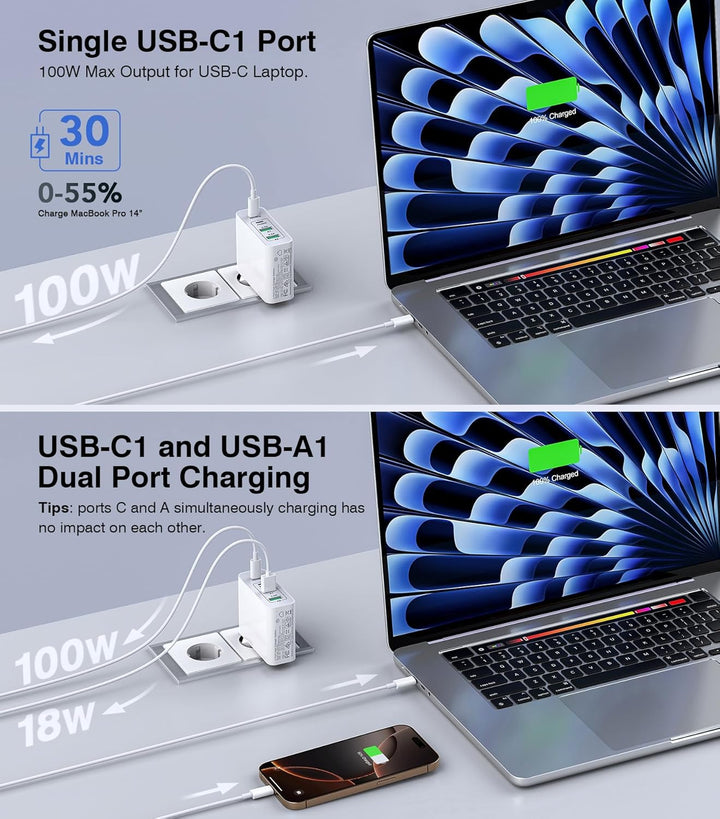 100W 6-Port Adapter Mehrfach Ladegerät mit USB-C und USB-A, Schnellladegerät PD 3.0 Charger Power Ne