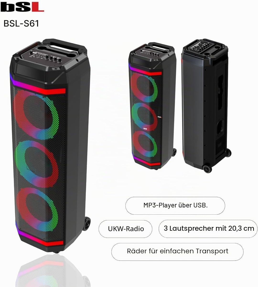 Bluetooth-Lautsprecher BSL-S61 mit Beleuchtung an den Lautsprechern | 3 Lautsprecher mit 8 Zoll | 50
