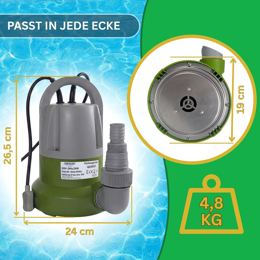 Tauchpumpe flachsaugend bis 1mm 250 Watt Flachsaugpumpe mit integriertem Schwimmer und Überhitzungss