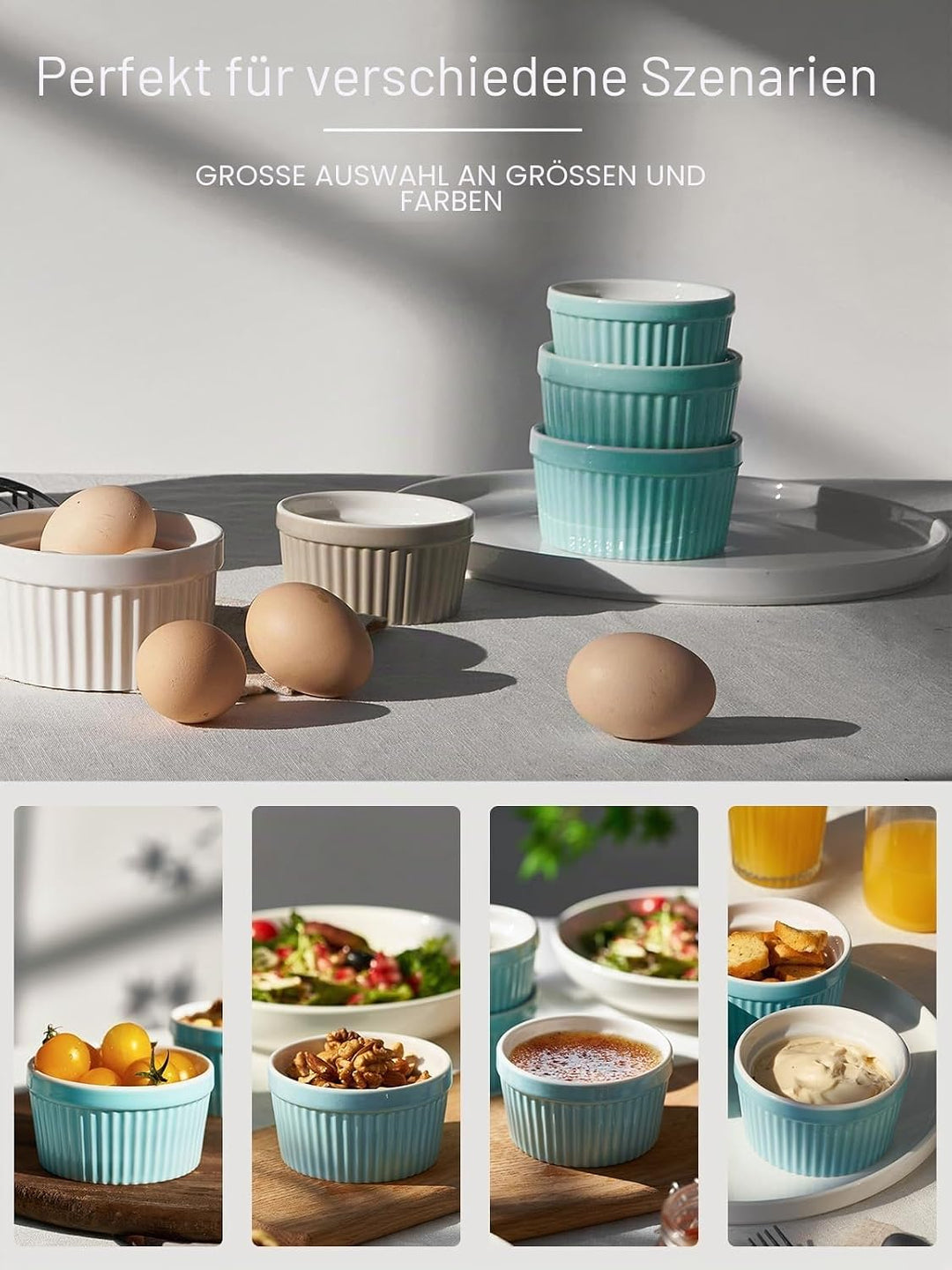 DOWAN Creme Brulee Schälchen Set, 6X 235ml Antihaft Souffle Förmchen Backofenfest, Porzellan Ramekin