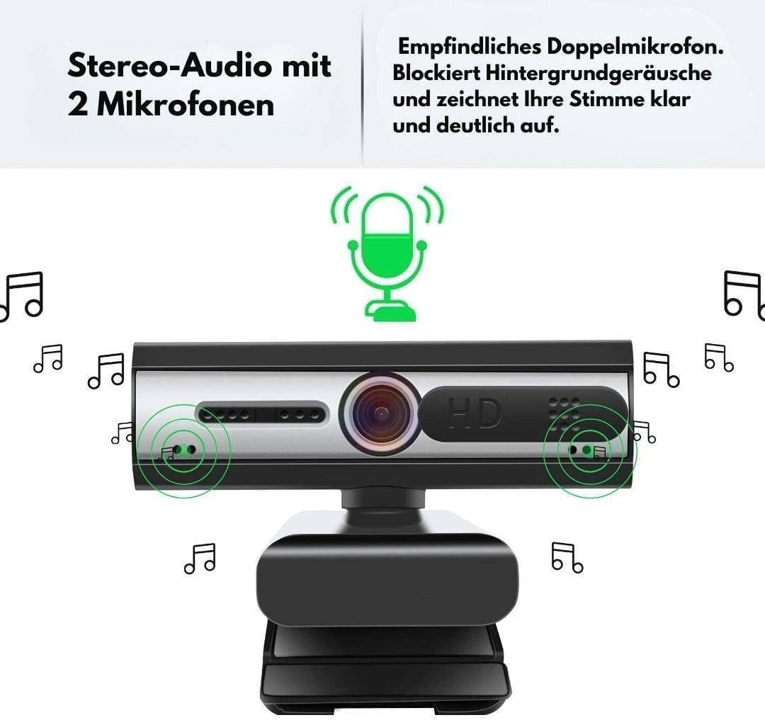 Full HD Webcam mit Autofokus, 4x Digitalzoom, Weitwinkelobjektiv, Dual Noise-Cancelling Mikrofon, Au