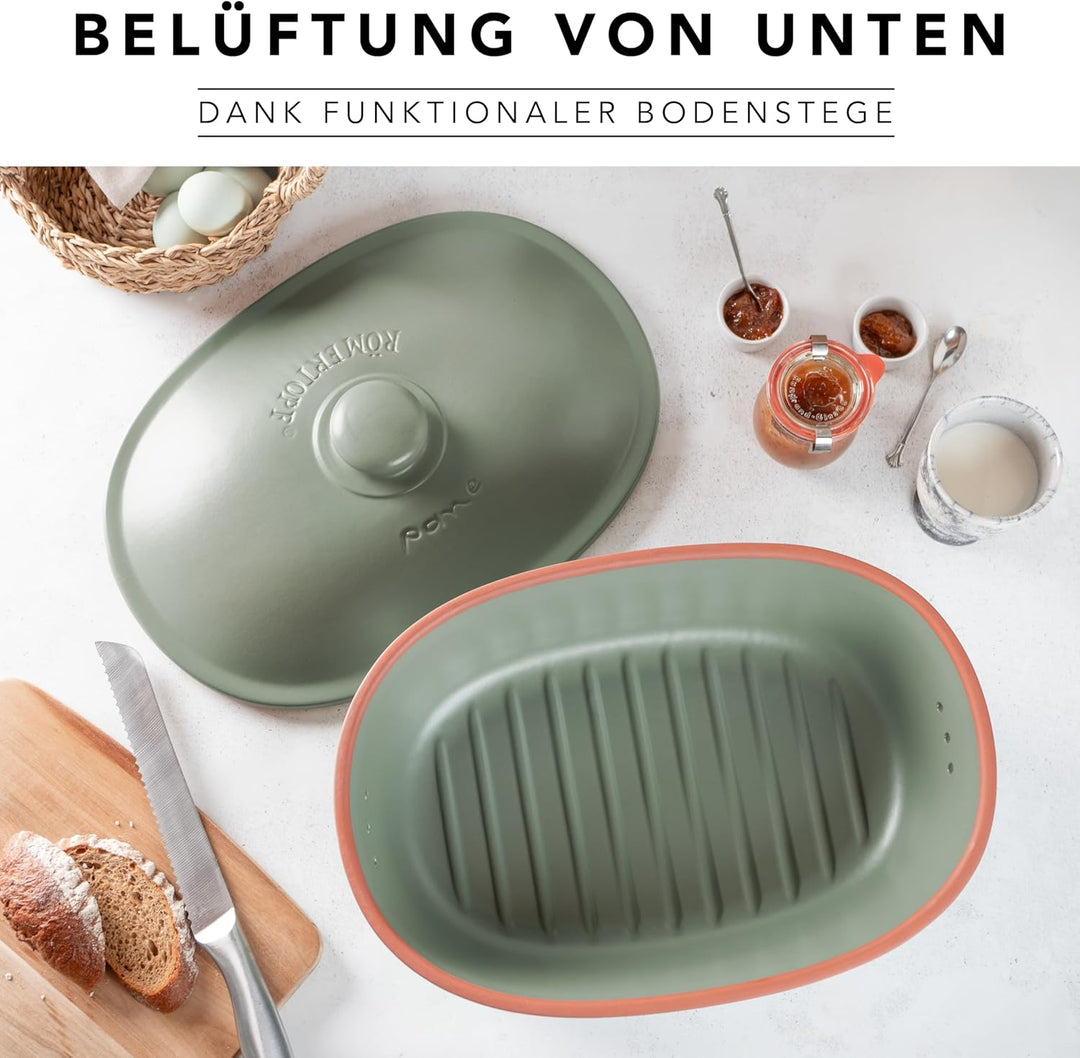 Römertopf Brottopf oval MAXI 6,5 Liter - Brotkasten Grün aus Keramik - Atmungsaktiver Tontopf für la