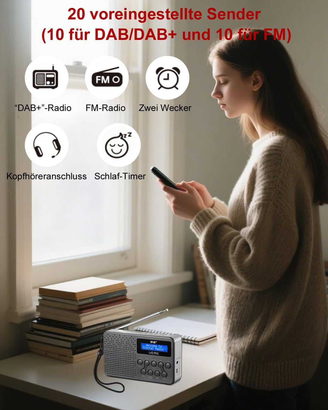 UEME Tragbares DAB+ DAB FM-Radio mit 3W Lautsprecher mit verbessertem Bass, Integriertem 2600mAh Lit