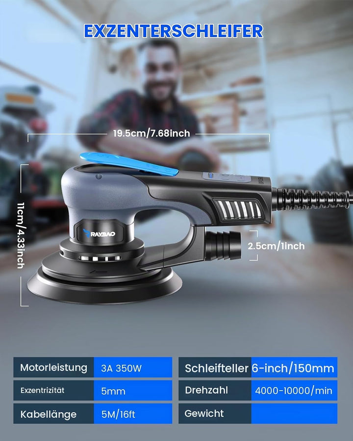 350W Bürstenloser Exzenterschleifer mit 150mm Schleifteller, 5mm Exzentrizität Exzenter Schleifer, 6