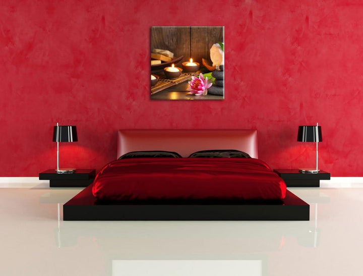 Pixxprint Kerzen mit Zen Steinen und Seerose, Format: 70x70 auf Leinwand, 70x70