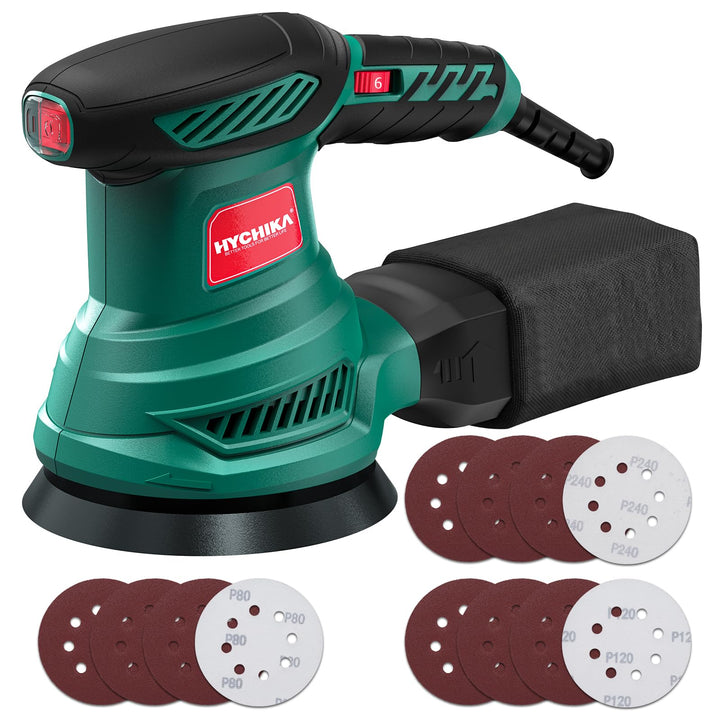 Exzenterschleifer, HYCHIKA 300W Schleifmaschine, 6 Gänge, mit 12 pcs Schleifpapier (Körnung 80/120/2