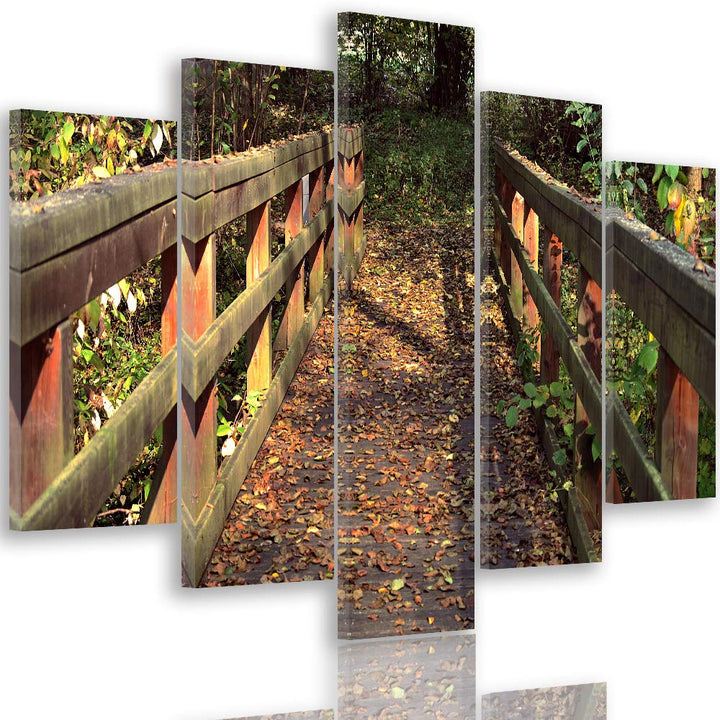 Feeby Wandbild XXL 5 Teilig Landschaft Leinwandbild Brücke Wald Natur bunt 300x140 cm Leinwandbild 3