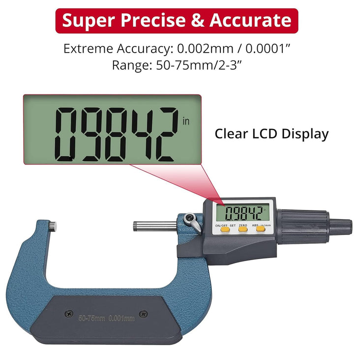 XUNTOP Mikrometer Digital 50-75mm Elektronische Mikrometer Hohe Präzision Bügelmessschraube mit LCD-