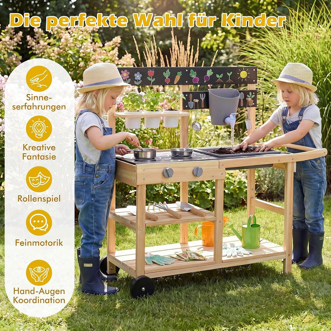 COSTWAY Matschküche Kinder Outdoor, Spielküche mit Wassertank & Wasserhahn | Kinderküche mit Rädern,