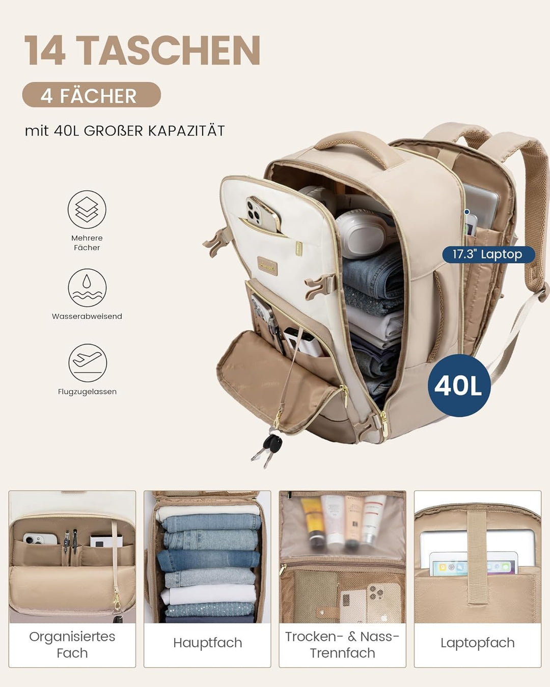 LOVEVOOK Handgepäck Rucksack, 17.3 Zoll Rucksack Handgepäck Flugzeug, Gross Reiserucksack Damen Spri