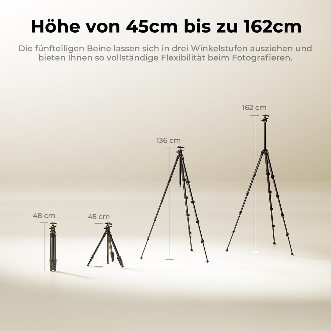 K&F CONCEPT Kamera Stativ Handy Stativ,162cm Kamerastativ, Tripod für unterwegs, Stativ für Smartpho