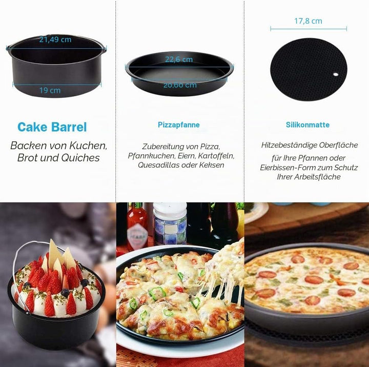 22CM Heissluftfritteuse Zubehör XL 7 Stück mit Cupcake-Pfanne, Pizzapfanne, Silikon-Backbecher, Reze