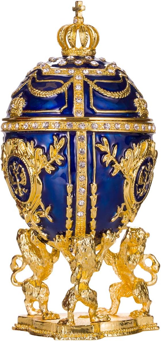 Fabergé-Stil Ei/Schmuckkästchen mit Löwen 15,5 cm blau