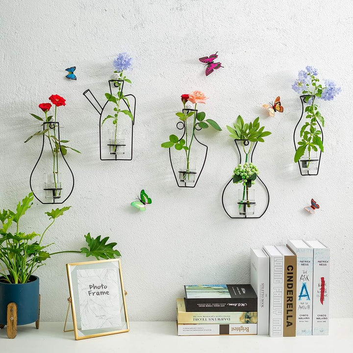 NUPTIO Satz von 5 Wandbehang Pflanzgefässe mit Glasbecher Vasen, Eisen Metallständer für Wasser Pfla