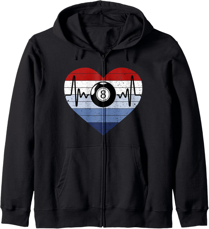 I Love Pool Billard mit Herzschlag-Motiv, Rot / Weiss / Blau Kapuzenjacke