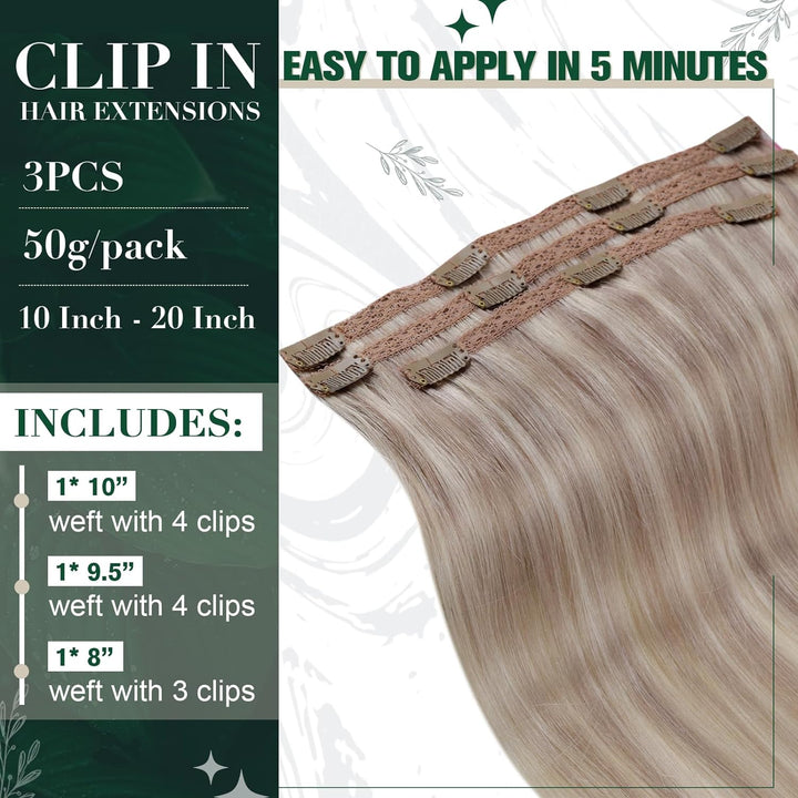 RUNATURE Clip in Extensions Echthaar 45cm Remy Graublond mit Platinblond Extensions Clip in Echthaar