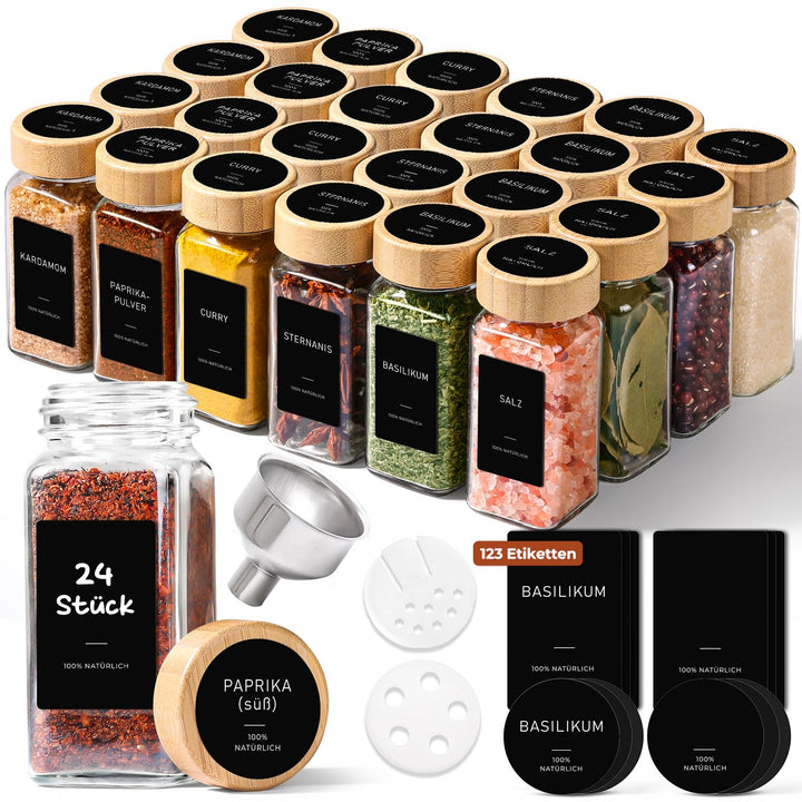 ComSaf Gewürzgläser Eckig mit Etiketten (24×120ml), Gewürzstreuer Glas mit Bambusdeckel, Gewürzdosen