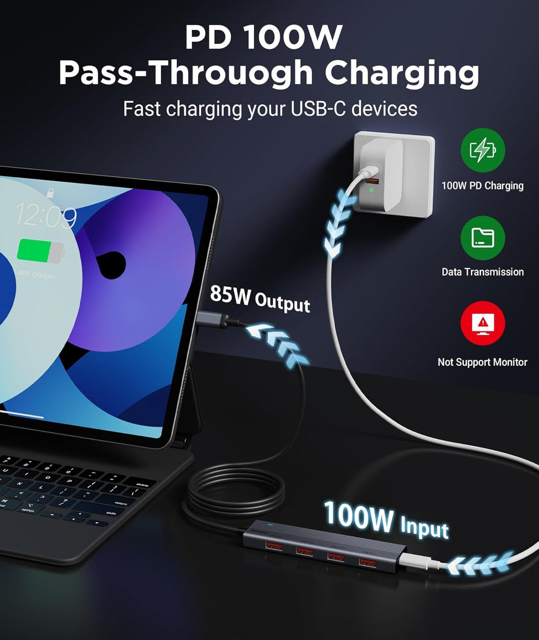 Aceele USB-C-Hub 10 Gbit/s, Powered USB 3.2 Splitter mit 100 W Stromversorgung, Aluminium-USB-C-Adap