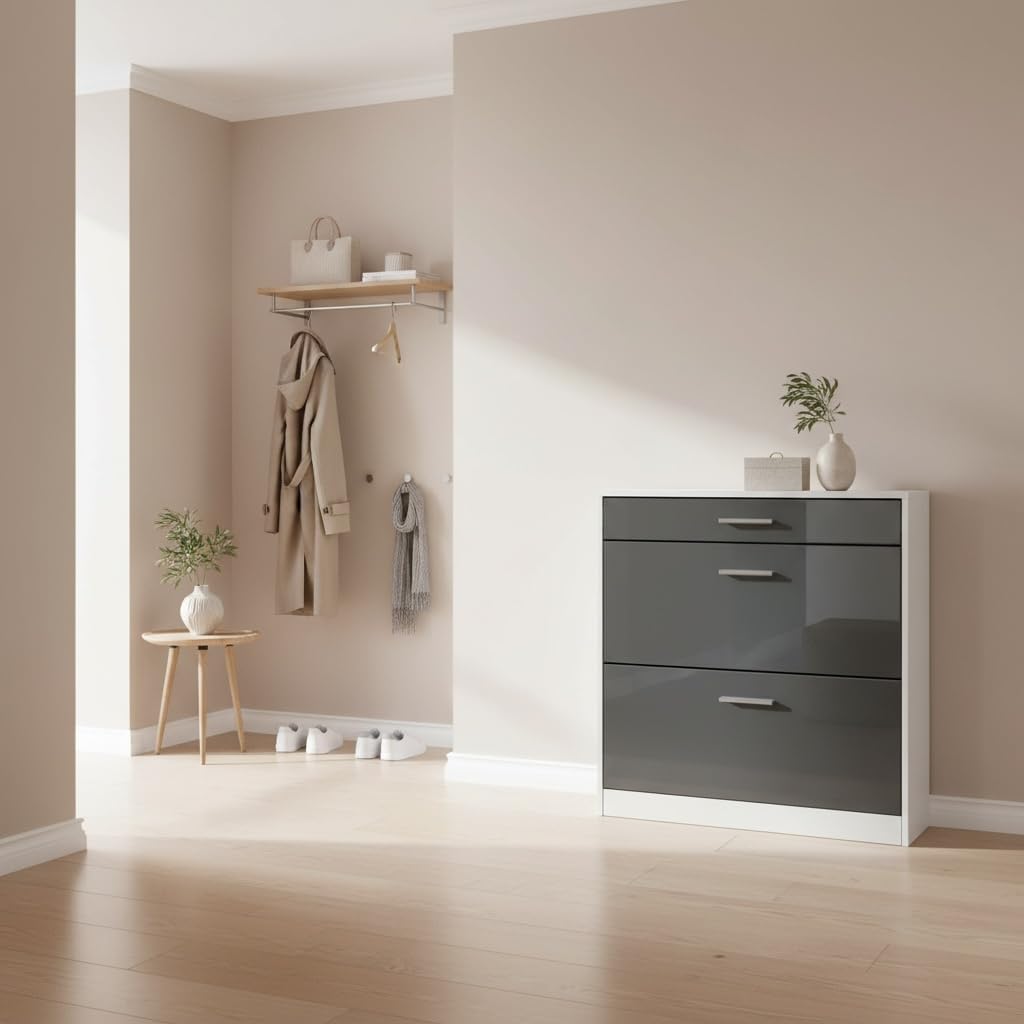 Schuhschrank Roma Schmal mit 2 Klappen und 1 Schublade, Platzsparender Schuhkipper Flurschrank für D