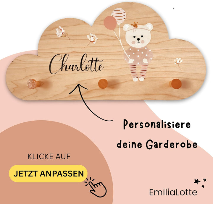 EmiliaLotte Kindergarderobe Personalisiert mit Wunschname I Garderobe Kinder aus Holz - Verschiedene