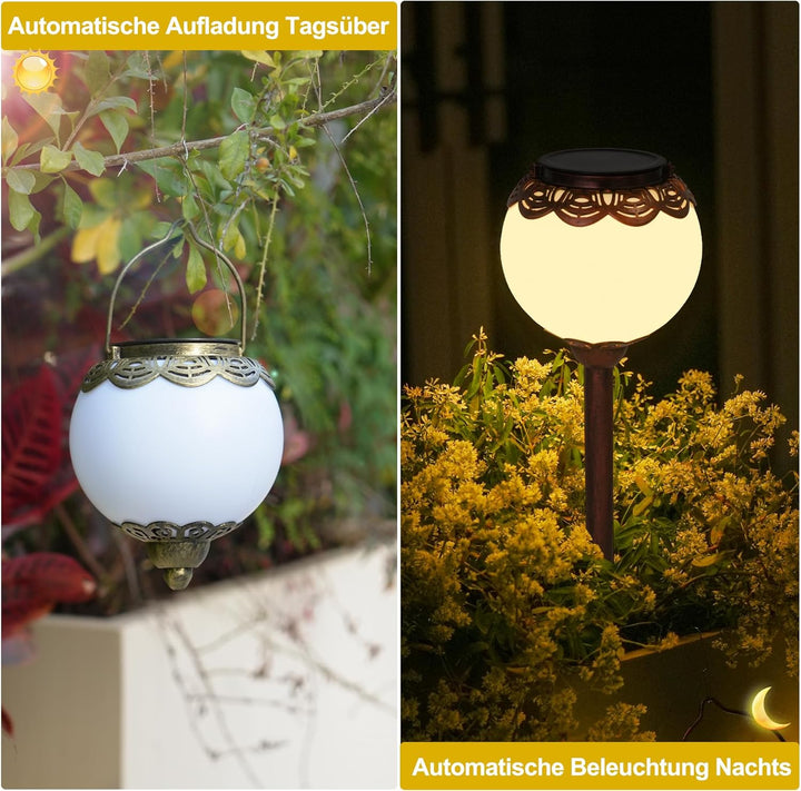 Solarlaterne für Aussen 2 Stück, IP65 Wasserdicht Solarlampen für Aussen Hängend mit Erdspiessen, 15