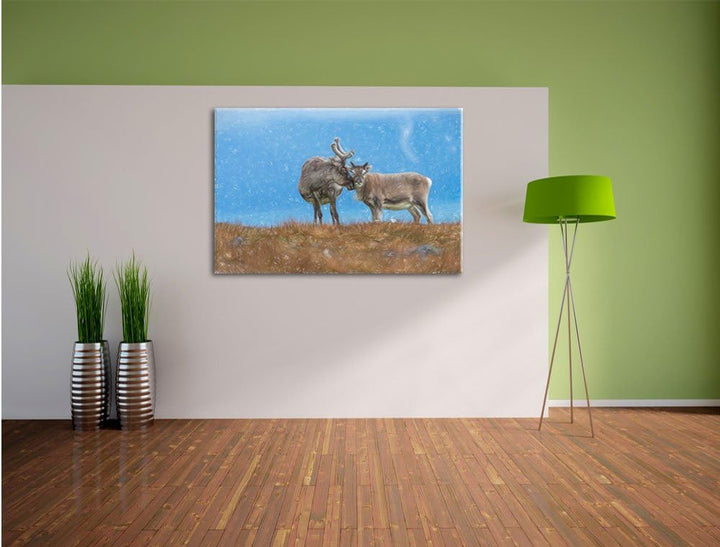 Pixxprint Rentiere die miteinander schmusen / 100x70cm Leinwandbild bespannt auf Holzrahmen/Wandbild