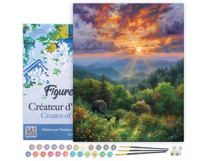 Figured'Art Malen Nach Zahlen Erwachsene Mit Rahmen Bär und Sonnenuntergang - Paint by Numbers Baste