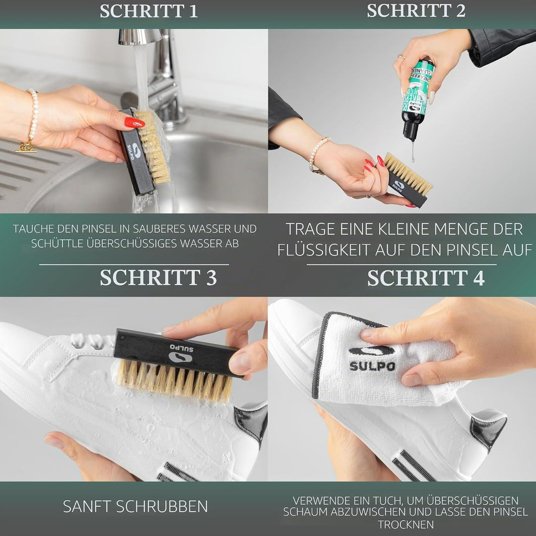 SULPO Sneaker Reinigungsset – pH-Neutrale Schuhputzsets, Bürste &amp; Mikrofasertuch, Schonend für Leder